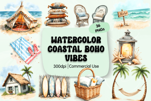 Download Coastal Boho Watercolor Clipart - Boho Collection
