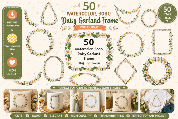 Download 50 Boho Watercolor Daisy Garland Frames - Boho Collection