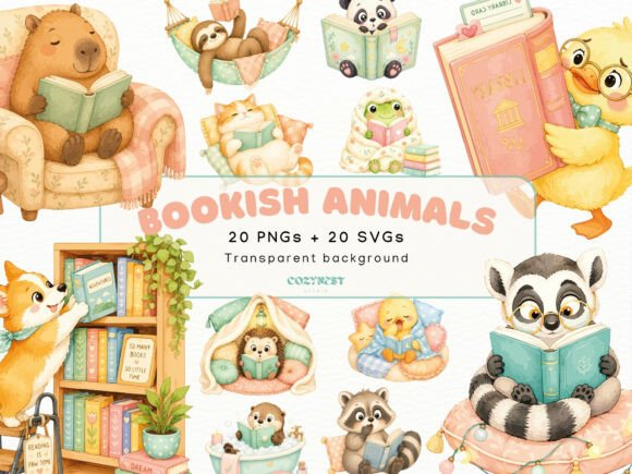 Download Bookish Cute Animals Watercolor Cliparts - Watercolor cliparts Collection
